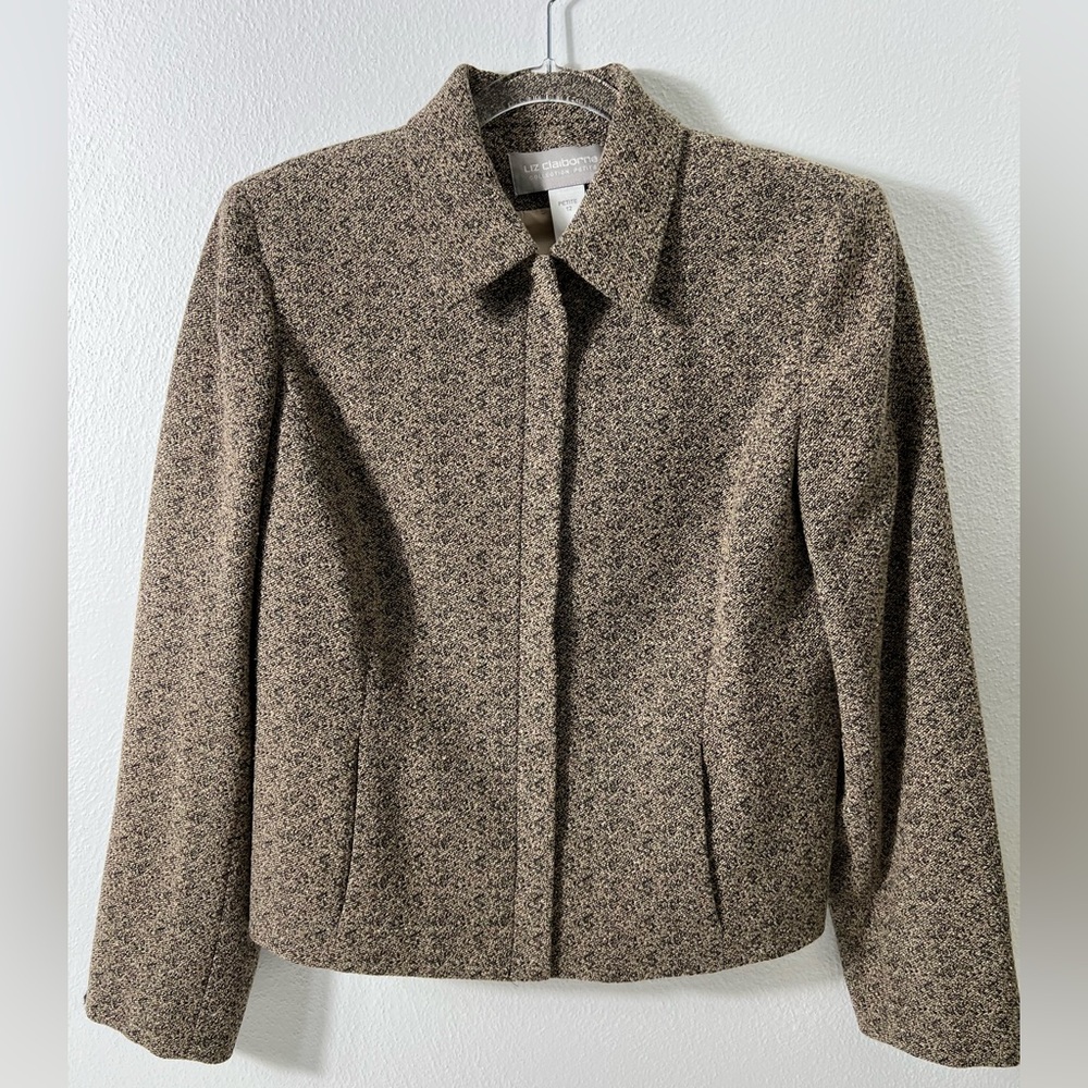 Liz Claiborne Petite Wool Blend Tweed Zip Front Lined Blazer‎ Brown Size 12